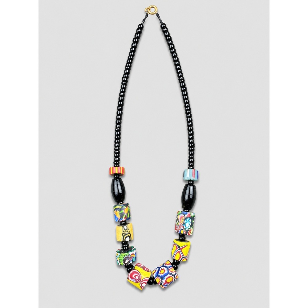 Vintage Millefiori Style Polymer Clay Bead Necklace Black Seed Bead 20 Inch